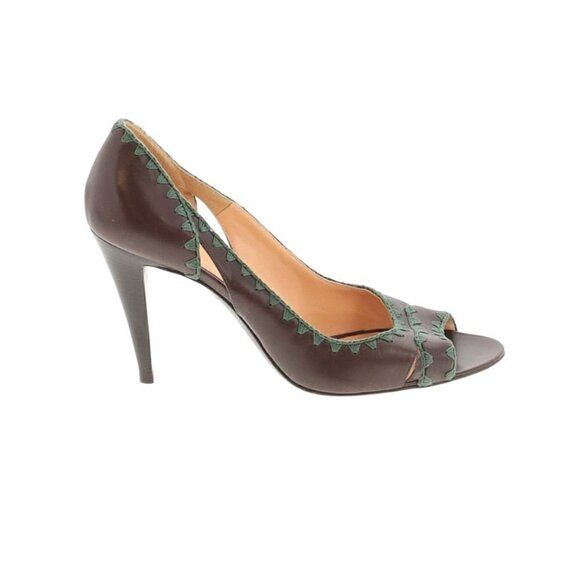 Sergio Rossi Heels Pumps 11 Leather Peep Toe Embroidered Cut Out Brown Turquoise - Picture 1 of 7